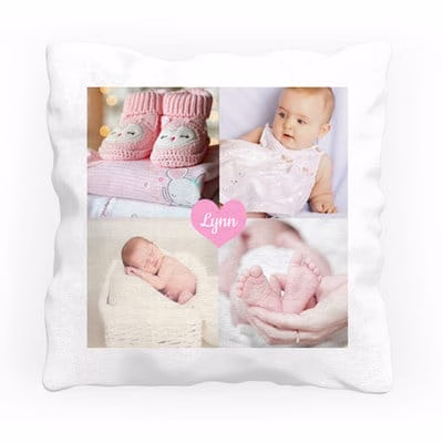 Gepersonaliseerde kraamcadeaus; Persoonlijk geboortekussen bedrukt met foto of afbeelding